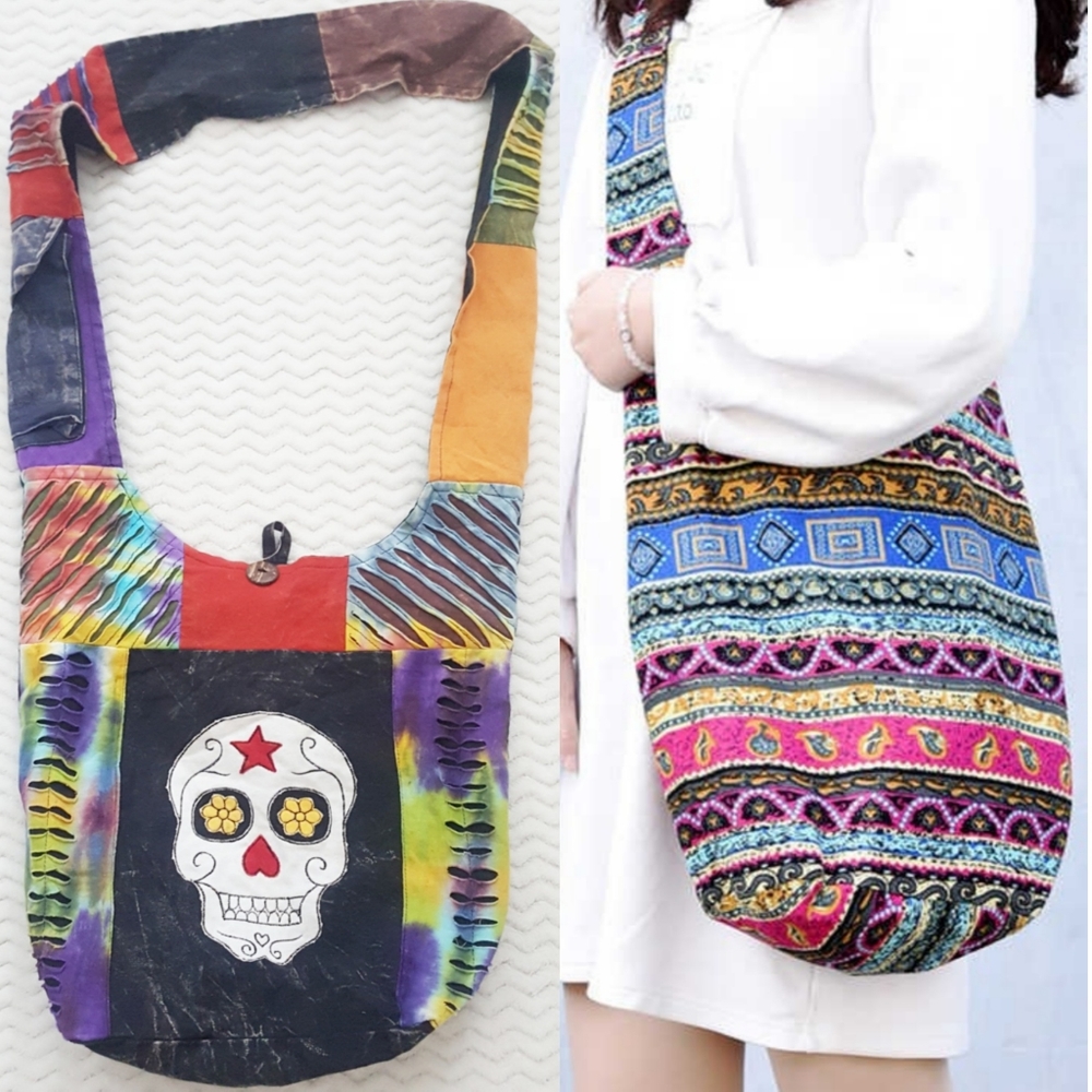 Rare Morral Bag Color Block and Tie Dye with Skeleton Face Print Original Style